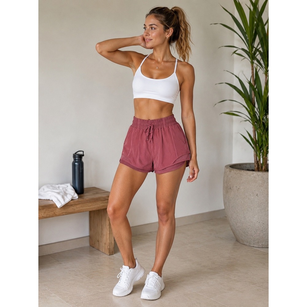MPG Sport Women Mauve Pink Layered 2-in-1 Running Shorts Size Medium Drawstring